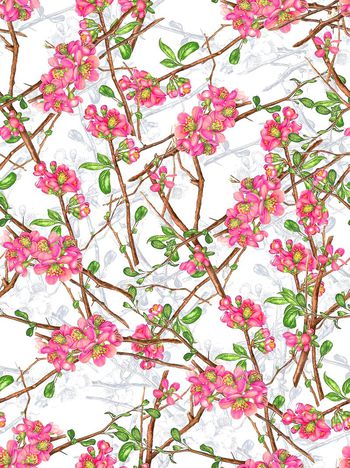 486091-桃花手绘梅花树枝花循环花满花数码印