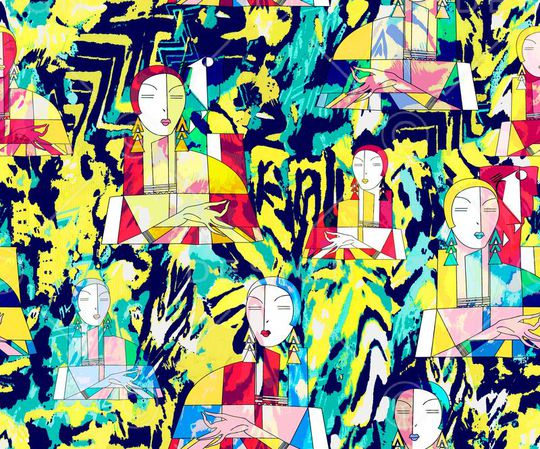 几何人物条纹印花华亿平台图片