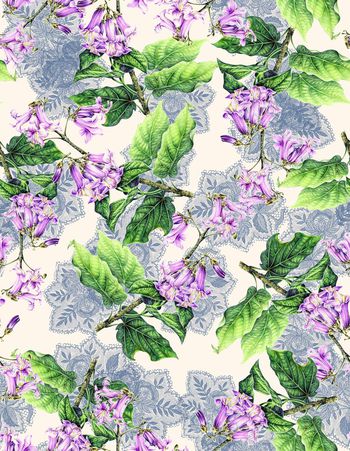 487009-手绘梧桐花叶子花纯底米色底