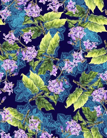 487010-手绘梧桐花叶子花纯底米色底