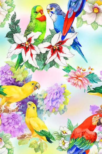 488140-华丽鹦鹉千鸟格花卉组合