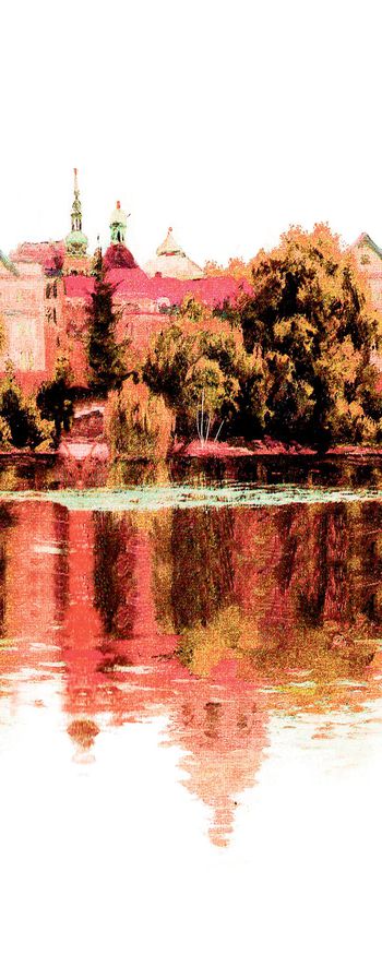 488767-原创、房屋、树林、水中倒影、风景