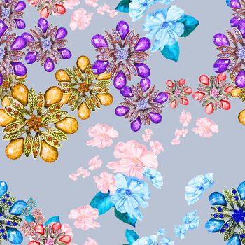 489648-流行时尚珠宝宝石手绘花印花 -珠宝