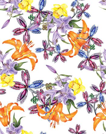 489650-流行时尚珠宝宝石手绘花印花 -珠宝