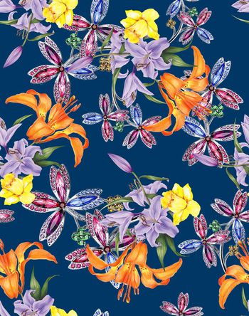 489651-流行时尚珠宝宝石手绘花印花 -珠宝