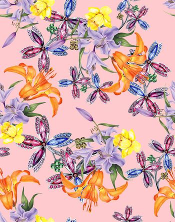 489652-流行时尚珠宝宝石手绘花印花 -珠宝