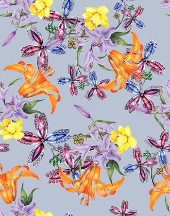 489653-流行时尚珠宝宝石手绘花印花 -珠宝