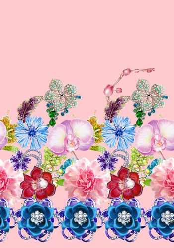 489724-流行时尚宝石手绘花卉印花 -珠宝系