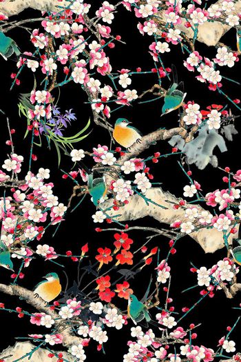 490390-中国风工笔桃花花鸟组合