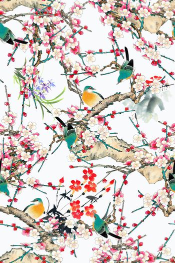 490392-中国风工笔桃花花鸟组合