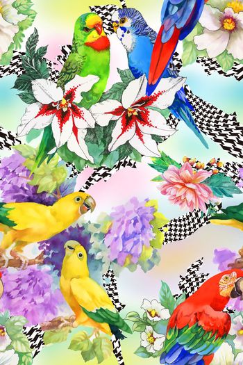 492097-华丽鹦鹉千鸟格花卉组合