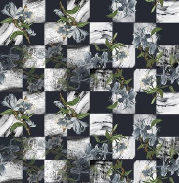 493097-潮流时尚几何方格纹理手绘花卉数码印