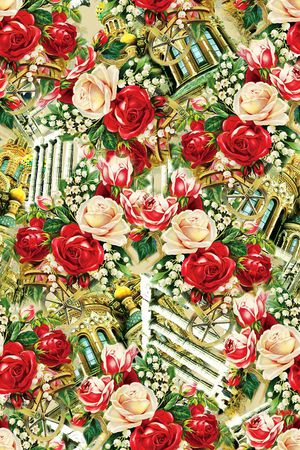 欧美 手绘 建筑 花卉 古典 复古印花华亿平台图片