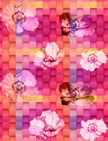 494391-流行时尚手绘彩色方块花卉印花-彩色