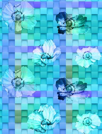 494397-流行时尚手绘彩色方块花卉印花-色彩