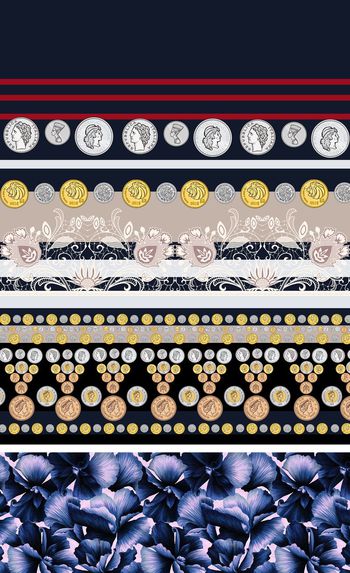 495021-	时尚条纹复古古币手绘花卉定位印花