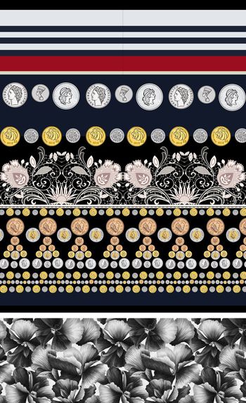 495023-	时尚条纹复古古币手绘花卉定位印花