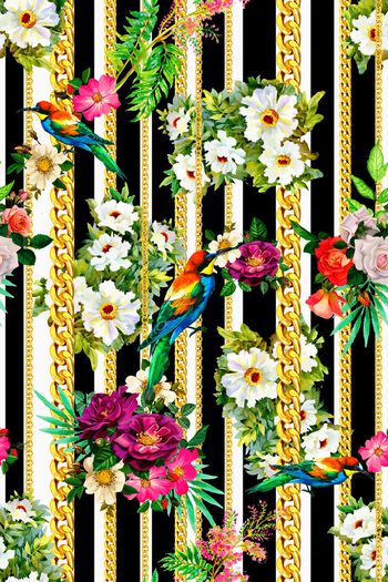 495257-黑白几何条纹锁链花卉组合