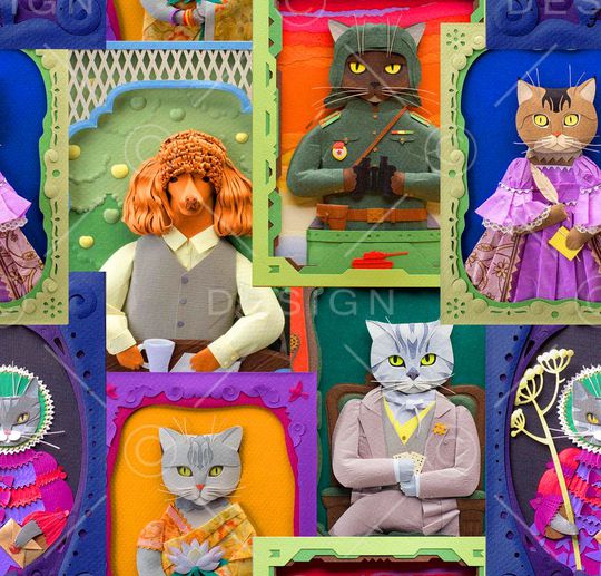 剪纸动物猫狗印花华亿平台图片