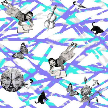 496783-清新复古少女几何条纹迷彩线条黑白人