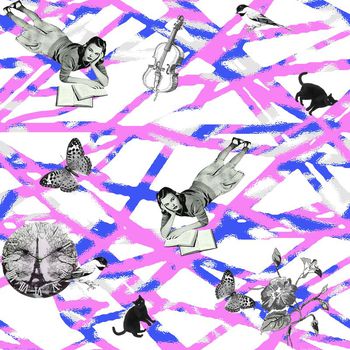 496784-几何条纹迷彩线条黑白人物花卉午后闲