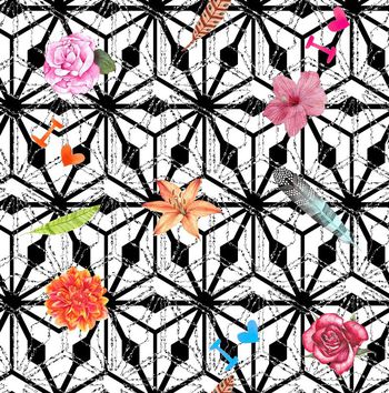 496815-复古几何格子水彩花卉女装衬衣内衣布