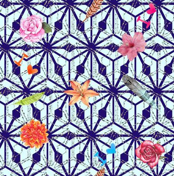 496816-复古几何格子水彩花卉女装衬衣内衣布