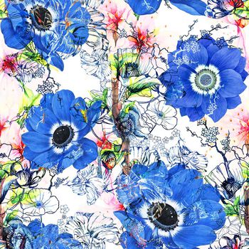 497785-流行时尚手绘水彩线条花卉印花-水彩