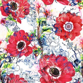 497786-流行时尚手绘水彩线条花卉印花-水彩