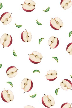 半边苹果、红苹果、苹果、绿叶、树叶、果叶印花华亿平台图片