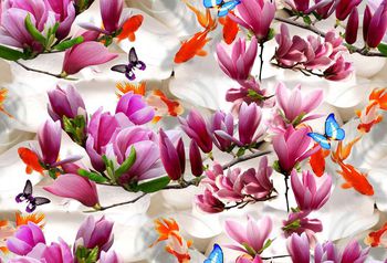 500742-初春的池塘 玉兰花 树枝嫩叶 金鱼