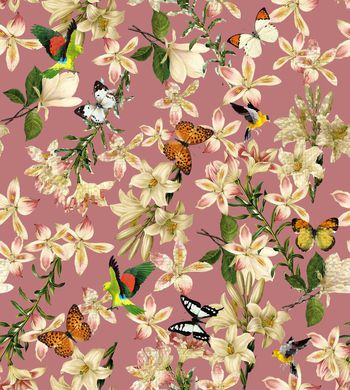 500901-时尚立体复古花卉手绘鸟数码印花.