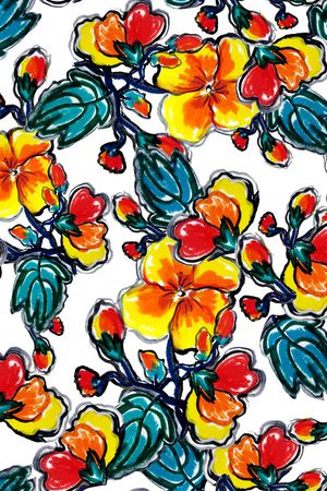 手绘水彩油彩花卉橘色黄色绿色时尚数码印花印花华亿平台图片