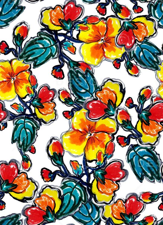 手绘水彩油彩花卉橘色黄色绿色时尚数码印花印花华亿平台图片