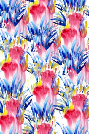 手绘水彩蓝红花卉时尚大牌印花华亿平台图片