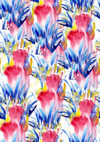 手绘水彩蓝红花卉时尚大牌印花华亿平台图片