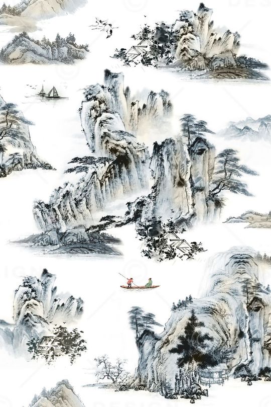 山水、船、鹤、松树印花华亿平台图片