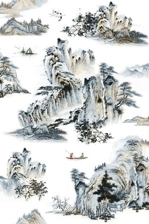 山水、船、鹤、松树印花华亿平台图片