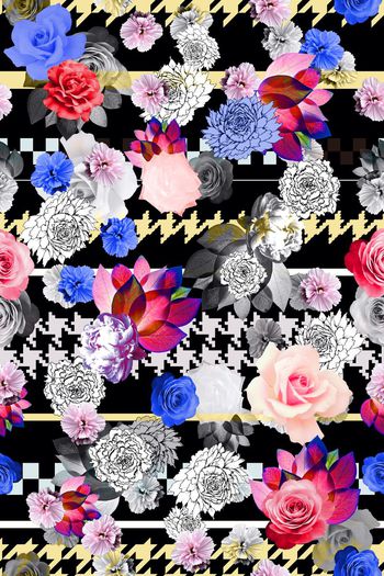 501436-几何千鸟格亮色花卉组合