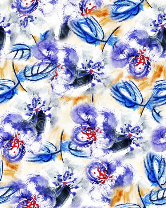 手绘蓝紫色水彩花卉抽象年轻时尚清新自然印花华亿平台图片