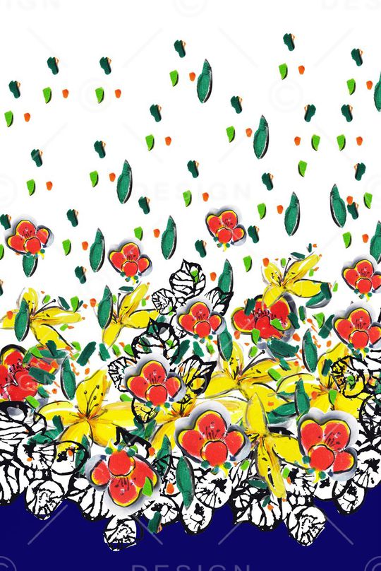 手绘油彩花卉红色黄色蓝色年轻大牌时尚印花华亿平台图片