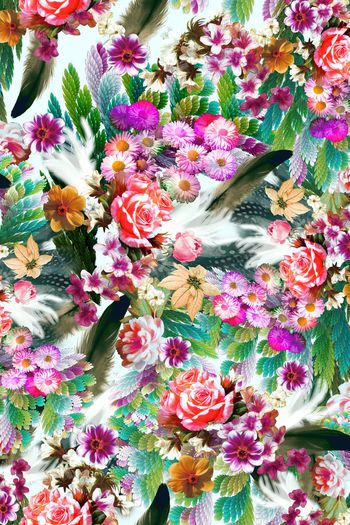 501684-手绘花卉 羽毛组合   抽象底纹 