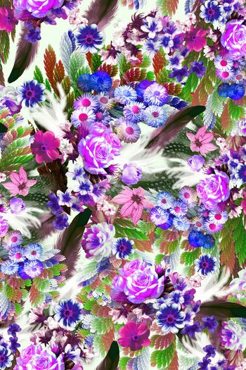 501685-手绘花卉 羽毛组合   抽象底纹 