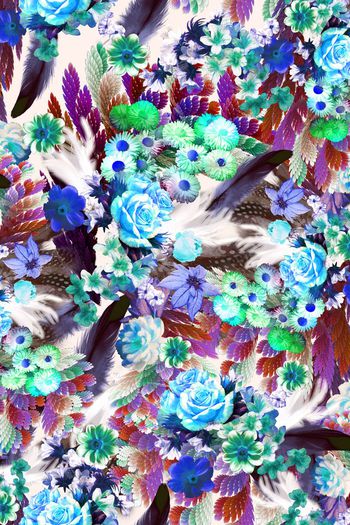 501687-手绘花卉 羽毛组合   抽象底纹 