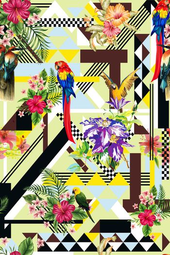 504903-时尚 休闲 热带 花鸟 几何 条纹