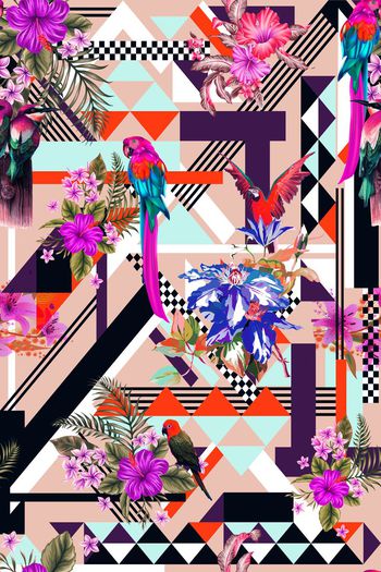 504904-时尚 休闲 热带 花鸟 几何 条纹