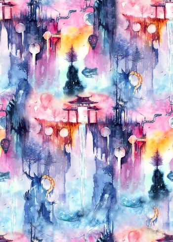 505750-中国风流行时尚水墨山庄印花