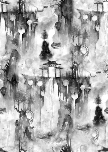 505751-中国风流行时尚水墨山庄印花