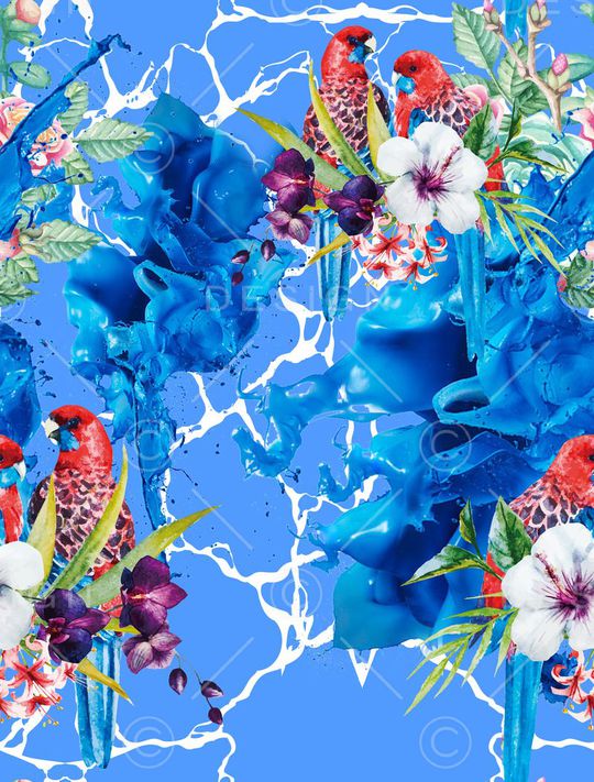 几何青色底纹流墨鹦鹉印花华亿平台图片