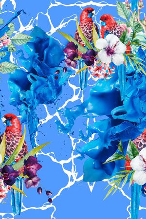 几何青色底纹流墨鹦鹉印花华亿平台图片